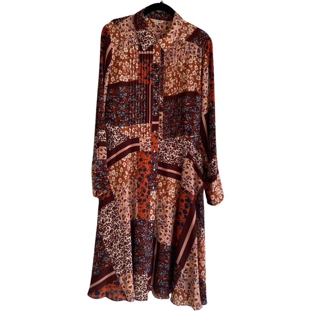 Patchwork floral print dress, long sleeve button down with Tyrone belt size 10